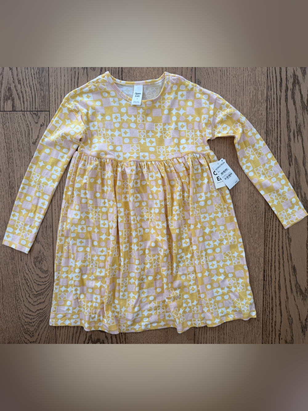 Open Edit Girls' NWT Yellow Geometric Star Print Long-Sleeve Dress Size 7